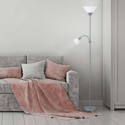 Lampadar Rabalux Action, E27 1x100W E14 1x25W, cu intrerupator pe cablu, IP20, 178 cm, Argintiu/Alb
