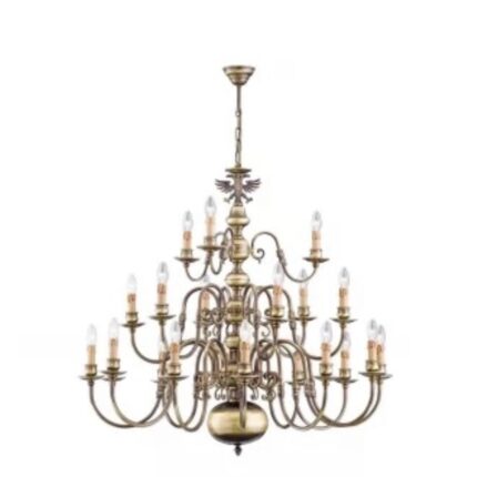 Candelabru cu Lant din alama masiva patinata Stilluster si 21 de Brate E14 12x40W + 6x40W + 3x40W Imitatie Lumanari Inaltime 96cm + suspensie 70cm, diametru 106cm ORION