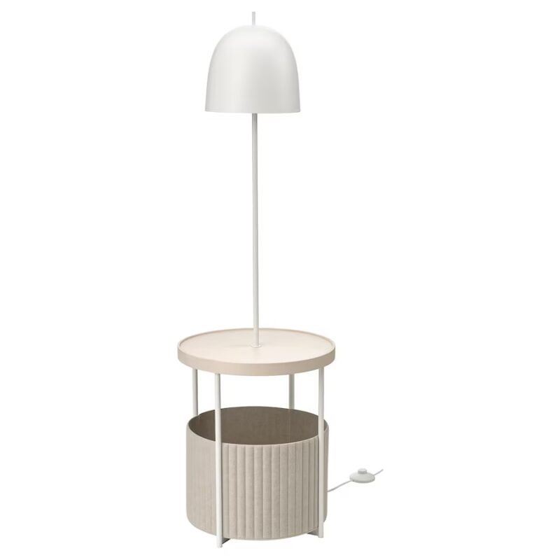 Lampadar, masuta de cafea si spatiu de depozitare, alb metal/furnir mesteacan, 125 cm, 16W, E27
