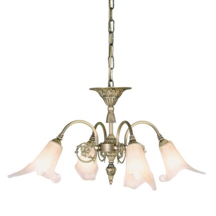 Candelabru din alama masiva patinata Tosca E14 4x40W Brate Alama si Abajur Sticla Imitatie Bulb Crin Inaltime 30cm, Suspensie 60cm, Diametru 70cm ORION