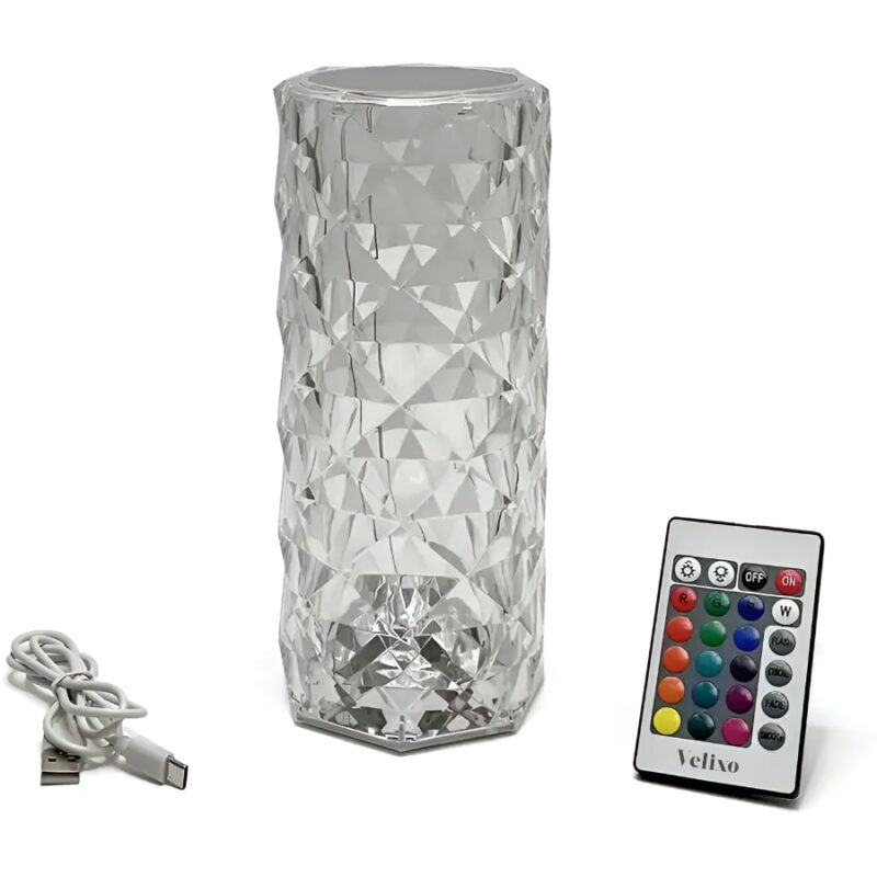 Lampa Ambientala LED Velixo®, cu Telecomanda, Control prin Atingere, 16 Moduri Iluminare, Cristal Acrilic, pentru Decor, Masa, Birou, Cablu USB Inclus, 21.5 x 9 cm, Transparent