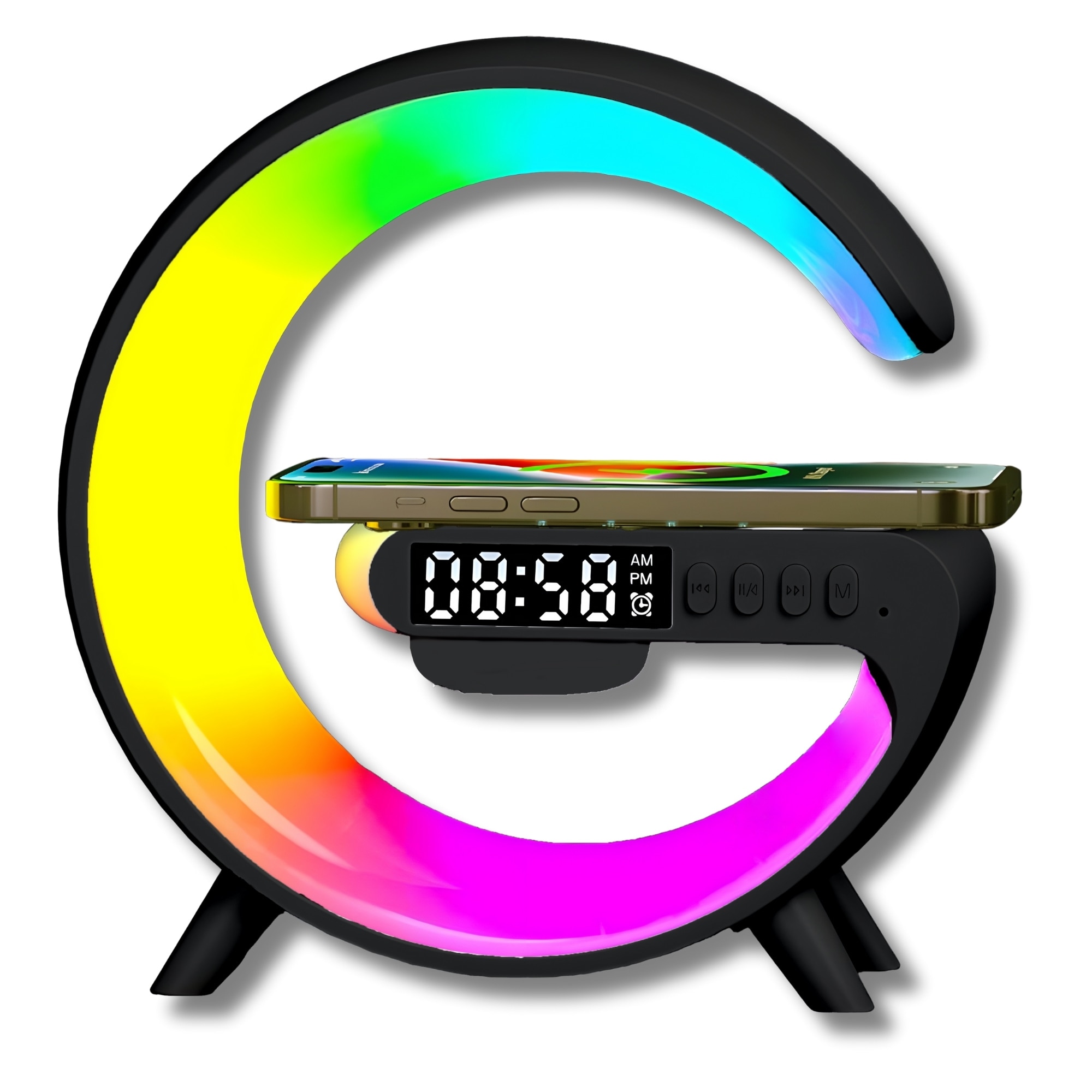 res_5bafc44e5af9170aac2151d464cc5b51 Lampa Smart LED RGB Negru Galaxia®, lumina de noapte, noapte, jocuri de noroc, incarcator rapid de 15 W, alarma, difuzor Bluetooth, 16 milioane de culori de lumina