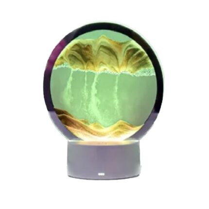 Lampa decorativa tip clepsidra, nisipuri miscatoare Moving SandArt, baza RGB 7 culori control touch, alimentare USB sau baterii, 20cm, auriu