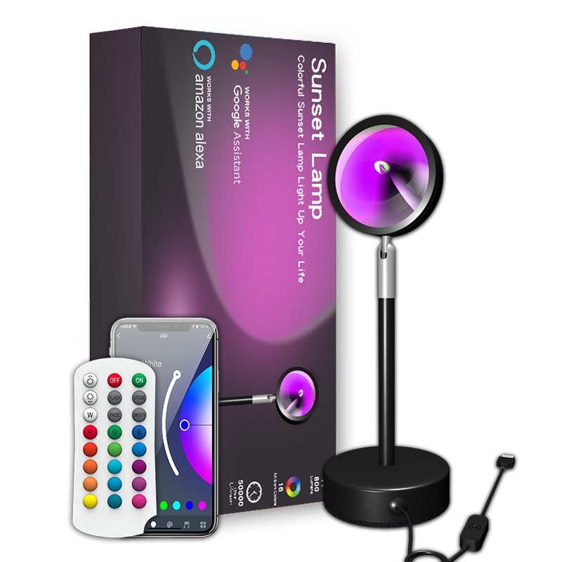 Lampa ambientala RGB 72DESI, efecte de lumini pentru fotografie si transmisie live, control prin Aplicatie telefon si telecomanda, proiecteaza Apus de Soare, lentila de cristal, 16 culori si 4 nuante de curcubeu, cap rotativ 360°, neagra