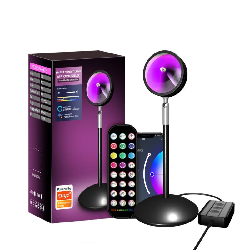 Lampa ambientala RGB, BOMSTOM, 2.4G WIFI, BLE, control prin aplicatie si telecomanda, sunset lamp, lumina de veghe, 16 culori, sincronizare muzicala, negru