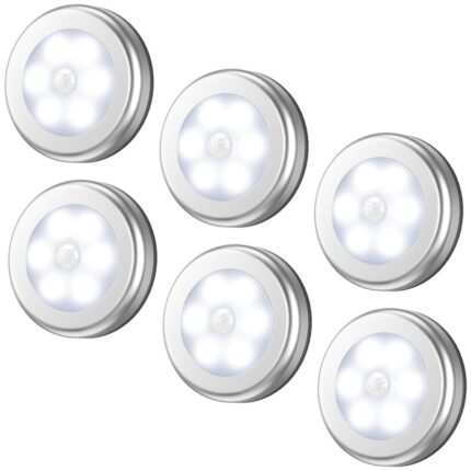 Set 6 Lampi led smart cu senzor de miscare wireless, ijoynewk, Funny and Joy, pentru dressing, dulap de bucatarie, baie, hol, scari, lumina alba, argintiu