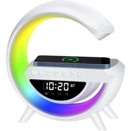 Lampa de veghe LED, Zola, radio, ceas si alarma, bluetooth, incarcator wireless, RGB, USB tip C, 23.8x23.5x8 cm, alb