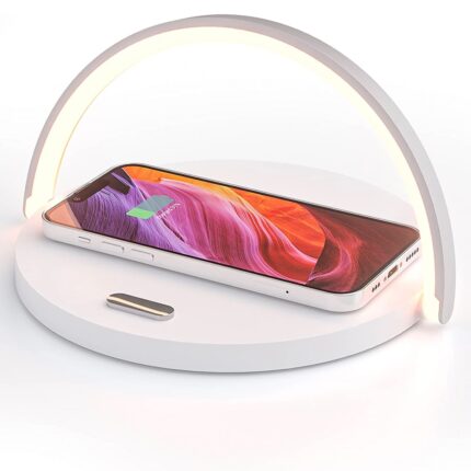 Lampa cu incarcare wireless si suport telefon, Quasar & Co.®, 3 functii, QI 10W, veioza cu 3 intensitati lumina, ABS, alb