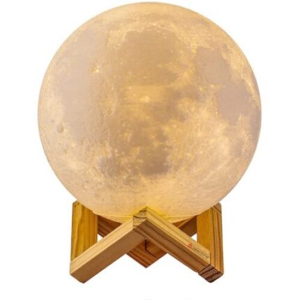 Lampa de veghe, model luna 3D, multicolora 7 efecte, reincarcabila, portabila, suport lemn