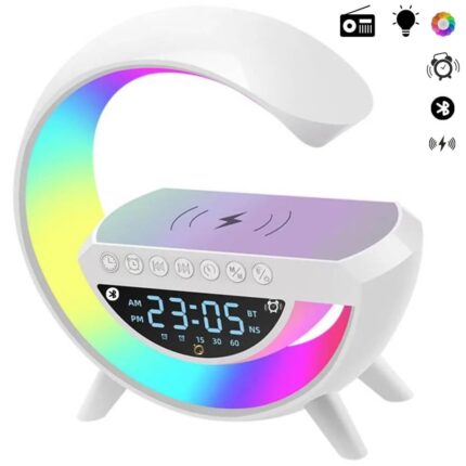 Lampa LED cu Ceas si Alarma, Lumini colorate, Boxa cu Bluetooth si Incarcator wireless, la priza si baterie