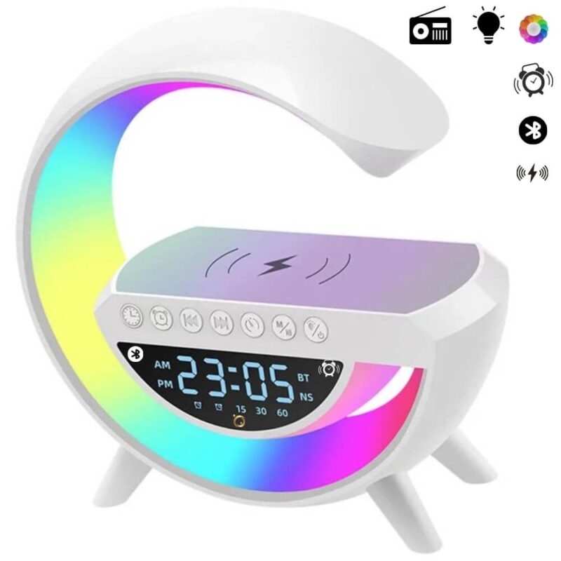Lampa LED cu Ceas si Alarma, Lumini colorate, Boxa cu Bluetooth si Incarcator wireless, la priza si baterie