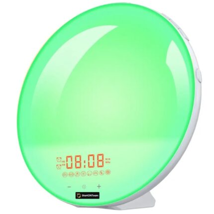 Lampa LED Inteligenta StartONTeam, Radio FM cu Ceas si Alarma, Simulare Rasarit & Apus de Soare, Sunete albe, 7 culori LED, port USB, App control, Alexa/Google Home