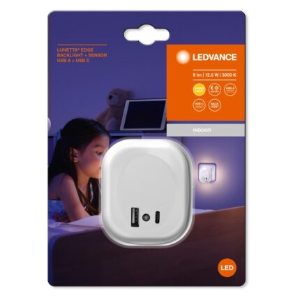 Lampa de veghe LED Ledvance 12.5W, senzor, 9 lm, 1xUSB-A, 1xUSB-C, IP20, lumina calda (3000K), Alb