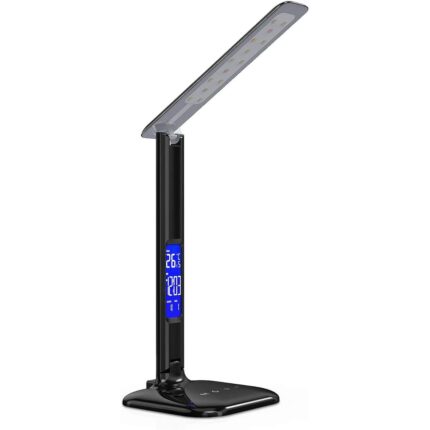 Lampa de birou cu LED, Toy Box, incarcator wireless, port USB, ceas, alarma, termometru, control tactil, 5 niveluri de iluminare, negru