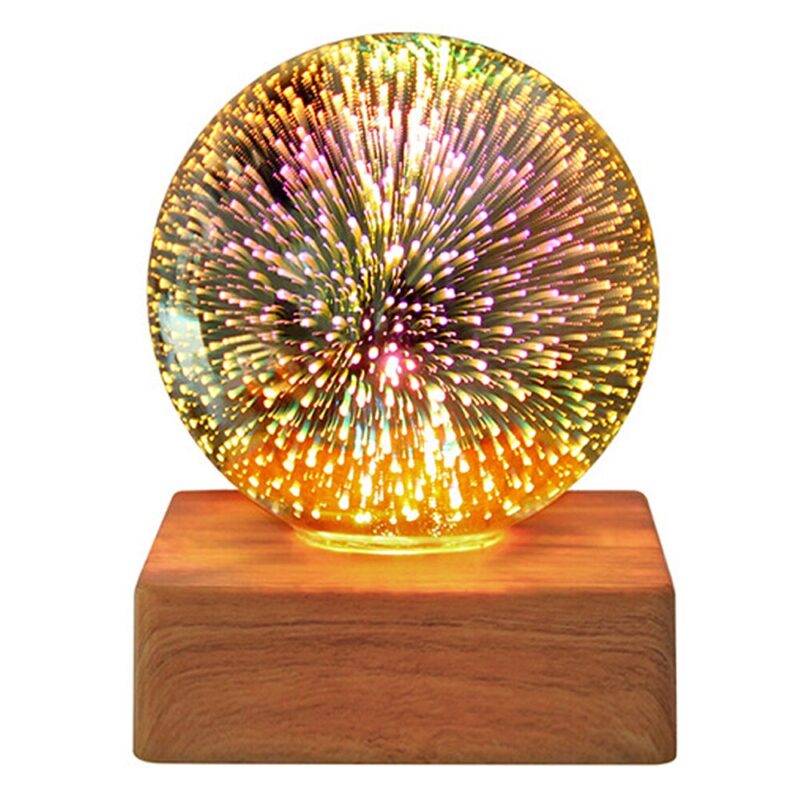 Lampa de noapte cu bila de cristal LED, Intrerupator, Baza din lemn, Priza USB