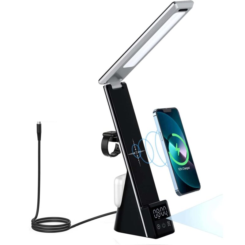 Lampa birou cu LED 4 in 1, YWX, 3 moduri Lumina reglabila, Afisaj digital, Ceas, QI fast charge Wireeless, incarcare telefon, casti, iWatch, AirPods, Negru