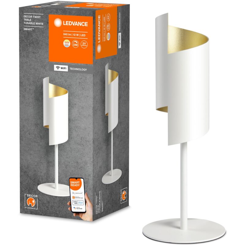 Veioza LED inteligenta Ledvance Decor Twist, Wi-Fi, intrerupator, 12W, 550 lm, dimabila, temperatura lumina reglabila, IP20,cablu alimentare 1.8m, 39.2 cm, Alb, clasa energetica F