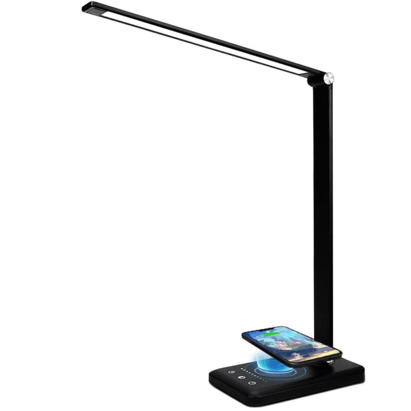 Lampa birou cu LED Quasar & Co.®, incarcare wireless telefon Andoid si IOS, touch control, reglare intensitate lumina rece/calda, timing inchidere, negru