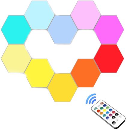 Lampa de perete modulara, Zggzerg, LED, Forma hexagon, 10 bucati, 13 culori, Aprindere prin atingere/telecomanda, Multicolor