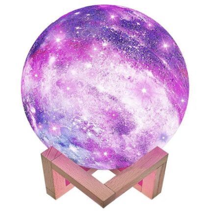 Lampa de veghe 3D Moon Light eMazing in forma de luna cu stele, cu diametrul de 14 cm, alimentare baterii si suport din lemn inclus