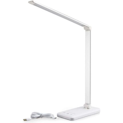 Veioza lampa LED Smarter pentru casa si birou, control touch, cu acumulator, port USB, temporizator, lumina in 5 culori - calda sau rece, ajustarea intensitatii prin atingere, pliabila, design de birou, dormitor sau living, Alb
