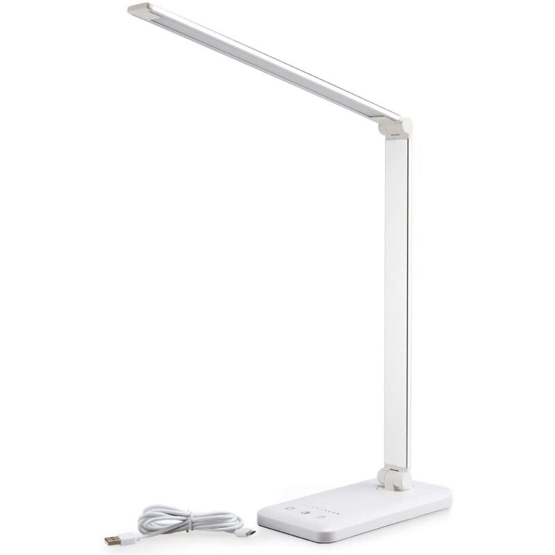 Veioza lampa LED Smarter pentru casa si birou, control touch, cu acumulator, port USB, temporizator, lumina in 5 culori - calda sau rece, ajustarea intensitatii prin atingere, pliabila, design de birou, dormitor sau living, Alb