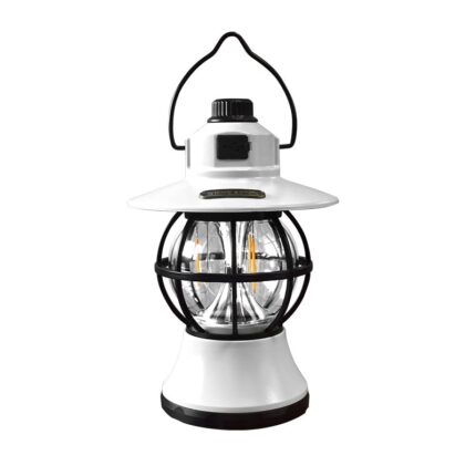 Lampa de camping retro portabila, Felinar Vintage LED ABS, Acumulator inclus 1200 mAh, reincarcabila, 20 cm inaltime, 3 moduri de iluminare, intensitate reglabila, Lampa portabila pentru cort in aer liber, Alb