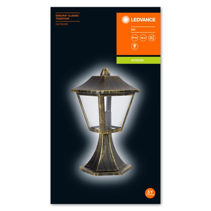 Stalp Ledvance Endura Clasic Tradition, 32.5 cm, 1xE27, maxim 60W, 220-240V, IP44, Aluminiu, Negru/Auriu