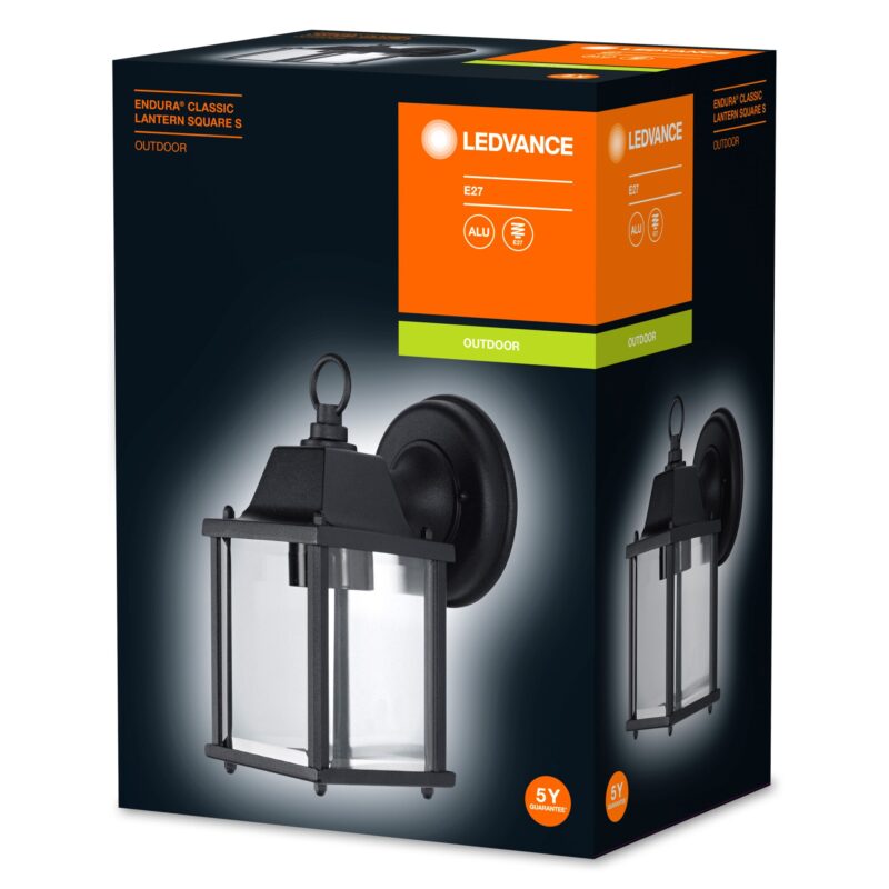 Aplica Ledvance Endura Clasic Lantern SQS, 150x105x225 mm, 1xE27, maxim 60W, 220-240V, IP23, Aluminiu, Negru