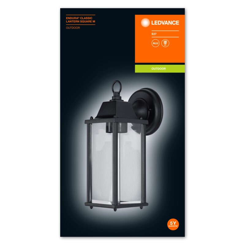 Aplica Ledvance Endura Clasic Lantern SQM, 150x105x293 mm, 1xE27, maxim 60W, 220-240V, IP23, Aluminiu, Negru
