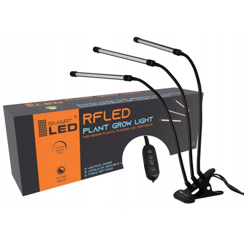 Lampa LED pentru cresterea plantelor cu temporizator si USB, cu cleme pentru fixare pe birou si controler pe cablu, trei capete flexibile