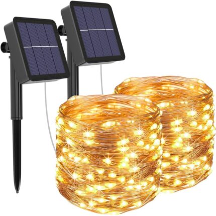 Set 2 instalatii pentru interior/exterior, Kimystam, Incarcare solara, Lumina calda, 120 LED, 12 m, Alb