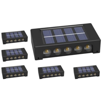 Set 6 x lampa decorativa cu incarcare solara, pentru perete/gard, senzor de lumina, 10 LED-uri, lumina rece, rezistenta la apa, 10x2.2x6 cm, Negru