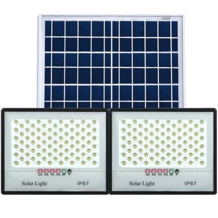 Set 2 proiectoare LED cu Panou Solar Flippy, Senzor de miscare, Waterproof, 200 LED-uri incorporate, 65W, 24x18 cm, IP67, Design Modern, Negru