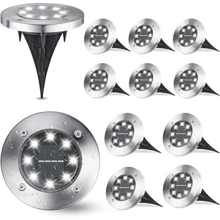 Set 12 lampi solare tip spot pentru gradina, 20 x LED, buton ON/OFF, senzor de lumina, alb cald 18-18 K