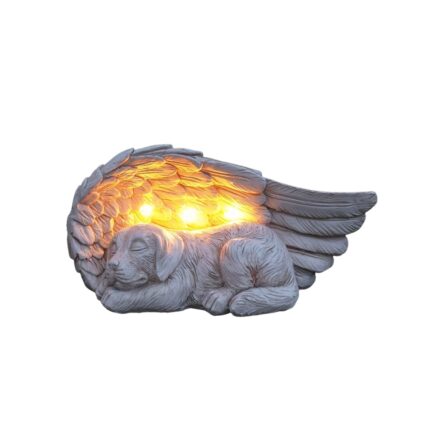 Lampa solara Angel Dog, piatra memoriala catel cu aripi, decoratiune gradina cu 3 LED-uri, baterii reincarcabile, panou solar, senzor crepuscular