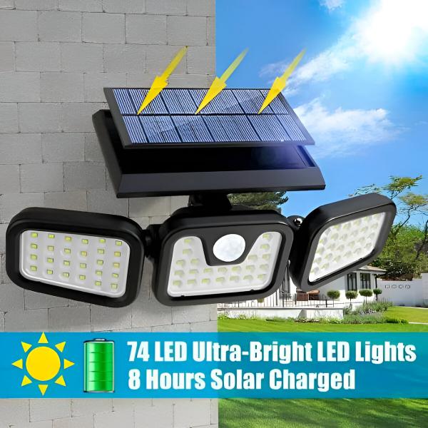 res_521aaf5ba40b323de8f948871917e4c7 Lampa LED solara de exterior cu senzori de amurg, miscare si lumina, 3 capete reglabile, 74 x LED-uri, 3 niveluri de intensitate, ABS