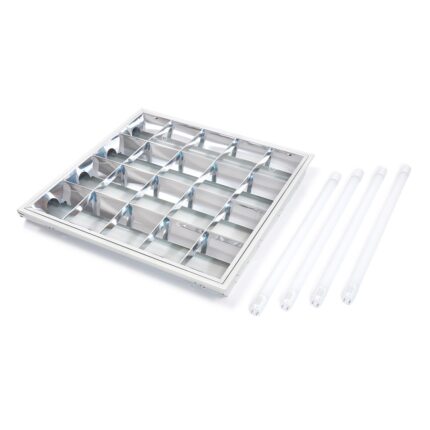 Set: 1x 4x60cm corp de iluminat cu lamele incastrate + 4x tub fluorescent cu LED 9W, alb cald (3000K)