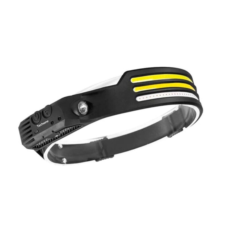 Lanterna de cap LED Techone® W689-3 sursa banda 3 x XPE COB, profesionala, acumulator 1200mah, senzor miscare, lumina rosie, alb, galben, 10 moduri lumina, negru