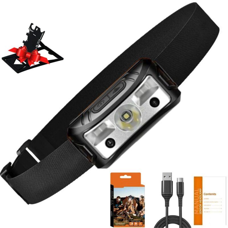 Lanterna de Cap Frontala ELITY™, Senzor Miscare, Unghi Ajustabil, Full LED, 5 Moduri, Acumulator Reincarcabil, Rezistenta la Apa si Socuri, Ideala Pentru Pescuit, Vanatoare, Drumetii, Camping, Reparatii, Cablu Alimentare, Card Supravietuire inclus