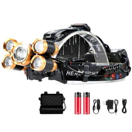 Lanterna Frontala de Cap, 5 LED-uri, Zoom, IPX6, Aluminiu, 2 Acumulatori 18650, 5 x T6X Led Cree, Unghiul fasciculului 180 °, Rotire 90 °, 8000 Lumeni