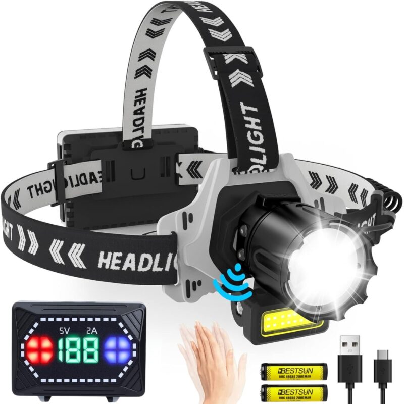 Lanterna de cap cu LED LASER + COB cu 3 acumulatori inclusi, senzor de miscare si ZOOM, Dasbo®, din aluminiu super luminoasa, incarcare USB, rezistenta la apa, vizibilitate peste 500 m, 5 moduri lumina, 12000 lumeni