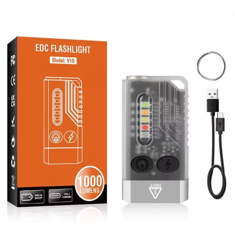Lanterna Breloc EDC V10L, 1000 lumeni, raza 100m IPX4 1000mAh, USB-C, Laser, UV, Flash, Alarma Sonora, Alb Transparent