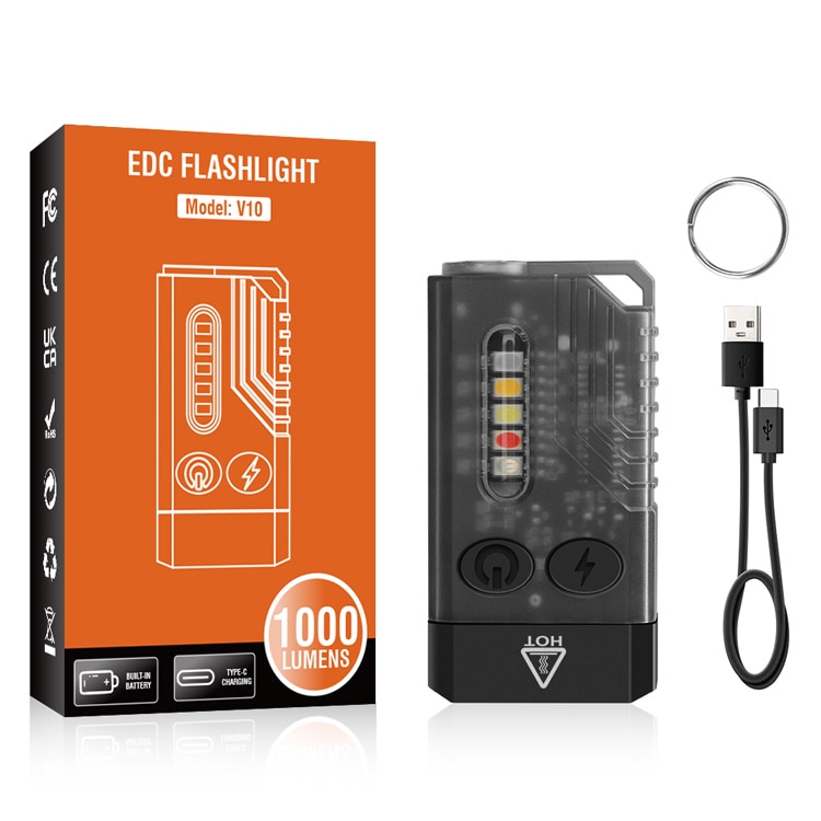 Lanterna Breloc EDC V10L, 1000 lumeni, raza 100m IPX4 1000mAh, USB-C, Laser, UV, Flash, Alarma Sonora, Negru Transparent