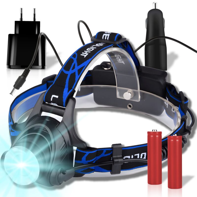 Lanterna de Cap cu LED CREE XML T6 si Zoom, 2x18650 Acumulatoare Reincarcabil, 3 Moduri Iluminare, Negru-Albastru