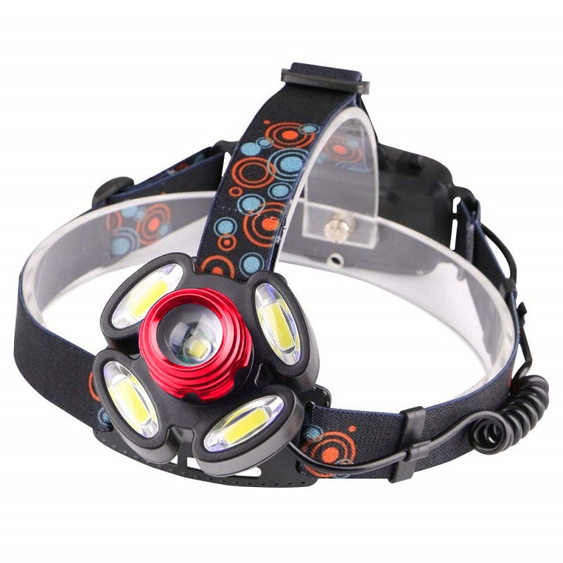 Lanterna de cap cu acumulatori reincarcabili, 5 leduri, iluminare LED puternica, 4 moduri iluminare, lumina alb rece, mod iluminare stroboscopica pentru bicicleta, banda elastica pentru fixare pe cap, Rosu