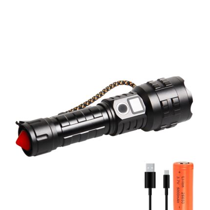Lanterna tactica LED cu acumulator, NUODWELL, Sursa XHP70 Ultra-Bright, 2400 lumeni, 5 moduri lumina si focus ajustabil, Rezistenta la apa si Incarcare USB-C, Pentru plimbare caine, camping si drumetii, 178mm x 48mm x 32mm, Din aluminiu, Negru