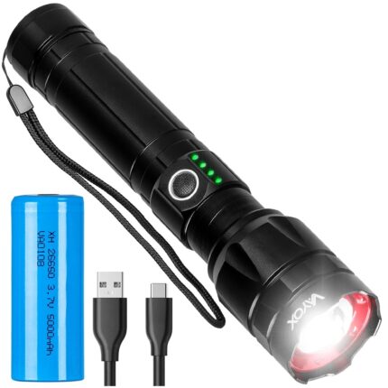 Lanterna tactica LED Vayox VA0108, din aluminiu, sursa 5050JG 3V 30W 6000-6500K, profesionala, focus ajustabil ZOOM, acumulator inclus, rezistenta la apa, incarcare USB-C, 1060 lumeni, Negru