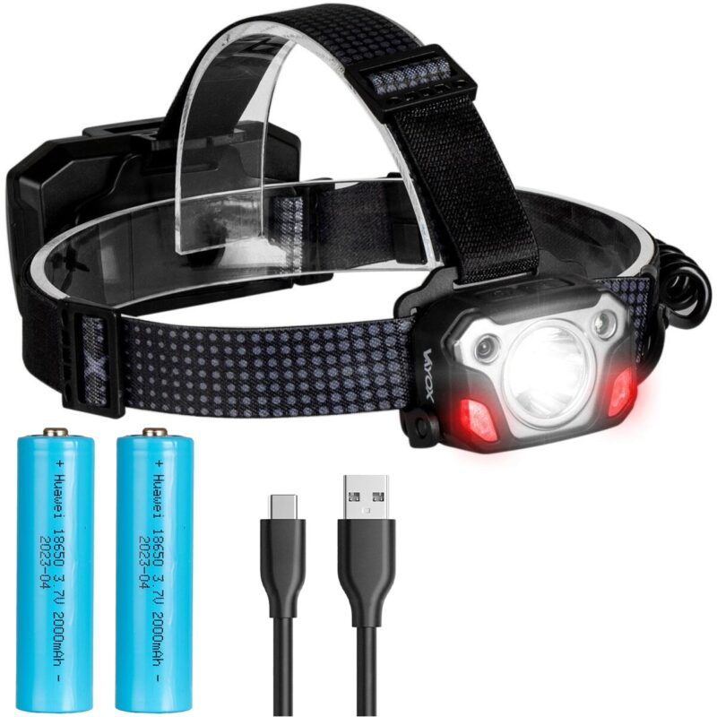 Lanterna de cap LED Vayox VA0103, SST40 10W 6500K 1200lm, un senzor de miscare, USB-C, 6 moduri de iluminare, impermeabil IP44, cu doua baterii, negru