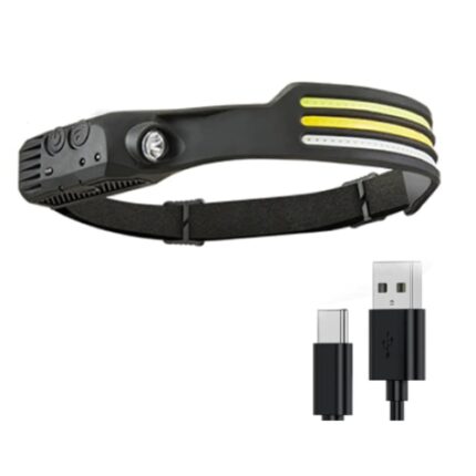 Lanterna de cap profesionala tip LED cu 3 benzi x XPE COB, 1000 lumeni, acumulator 1200mah, senzor miscare, lumina rosie, alb, galben, 10 moduri de luminat